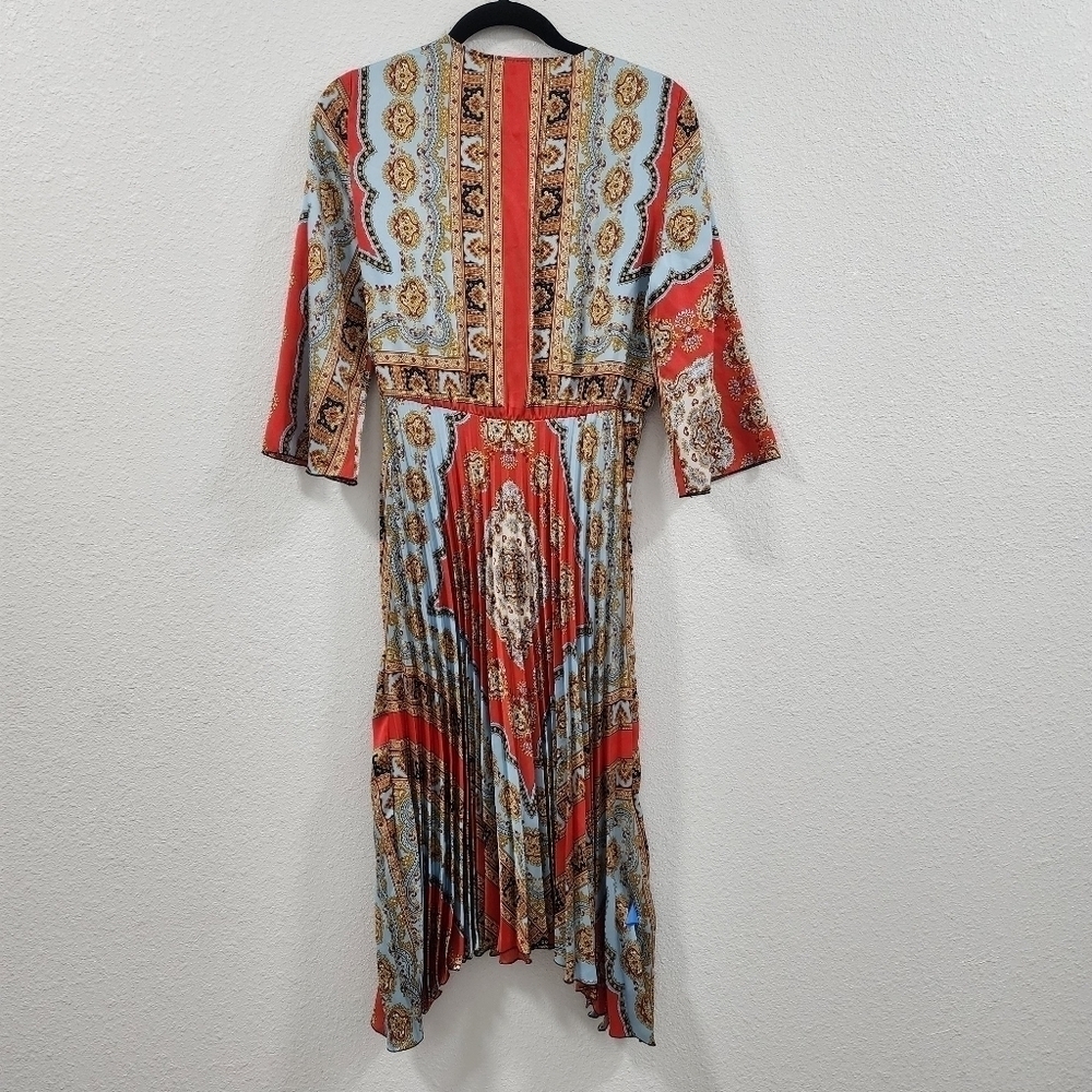 ZARA Boho Patchwork Wrap Midi Dress Red Blue Print Belted Pleated V-Neck - Picture 8 of 15